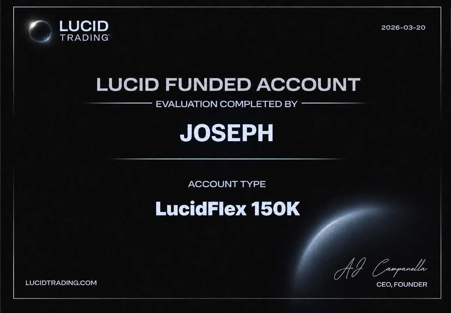 Joseph funded account certificate