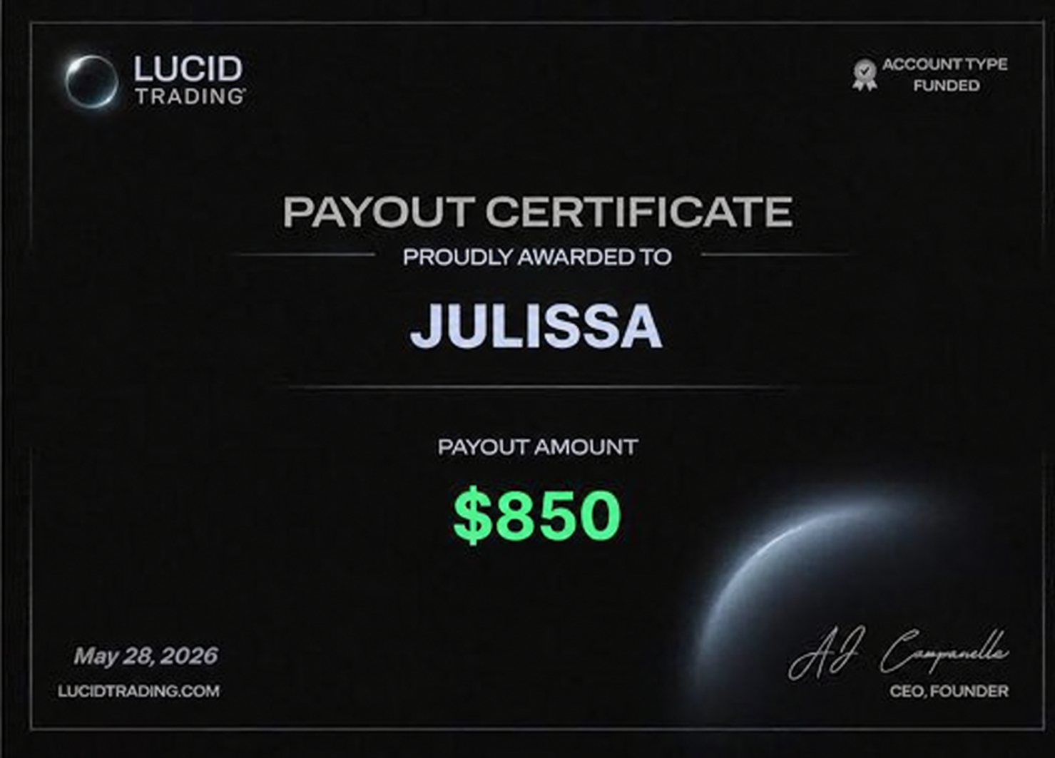 Julissa $850 payout certificate